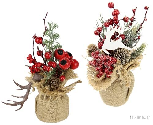 Arrangemang med gran, bär och älg, horn i jutekruka, konstgjord julblomma, vinterblomma, blomma, växtgrenar, arrangemang, juldekoration bordsdekoration, granarrangemang, blomsmycken, set om 2 4019844789343