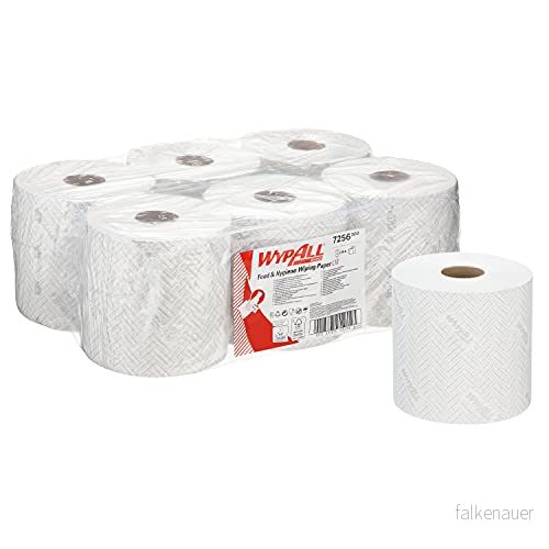 WypAll L10 torkpapper för mat och hygien 7256 1 lager vita rengöringsdukar 6 centremateringsrullar x 800 papperservetter (4 totalt) 5027375051760
