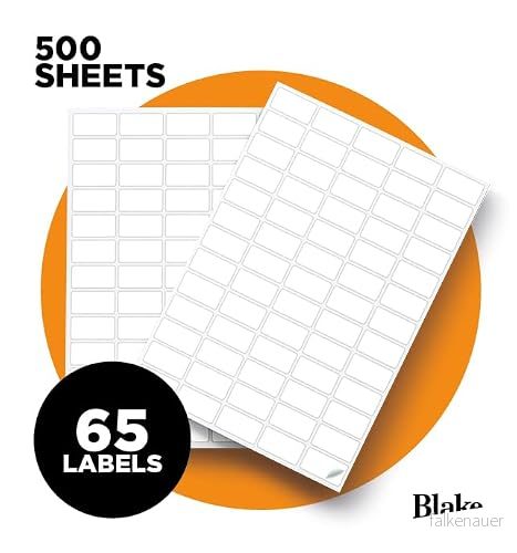 Blake Purely Labels, 65 per A4 ark, förpackning med 500 82,5 cm totalt, självhäftande etiketter för vanliga adressskrivaretiketter, lämplig digitala skrivare 38,1 x 22,2 mm 5055559780700