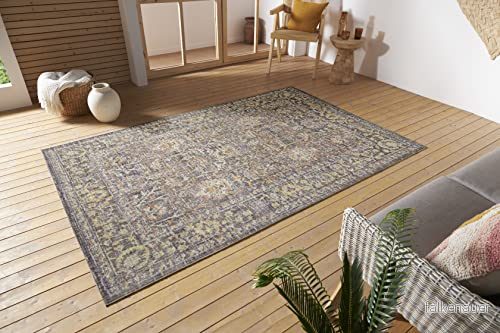 Nouristan Luxor in och utomhatta orientalisk platt väv vintage använd look tvättbar väderbeständig UV beständig för balkong, terrass, trädgård, vardagsrum grå flerfärgad, 155 x 4262377772911