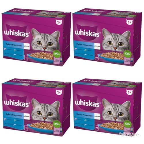 WHISKAS Kattmåltid 48 påsar friskhet (set med 4 förpackningar 12 x 85 g) favoritfisk (4 sorter) gelé för vuxna katter 3065890153981