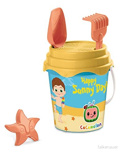 MONDO 28700 COCOMELON Bucket, Set med havsförnyelseleksaker hink, spatel, raka, sikt, form, vattenkanna ingår, Multifärg, 17 cm 8001011287000