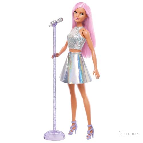 Barbie som popstjärna klädd i regnbågsskimrande kjol, med mikrofon och rosa hår. Present till barn är 3 7 år, JCW42 194735277582
