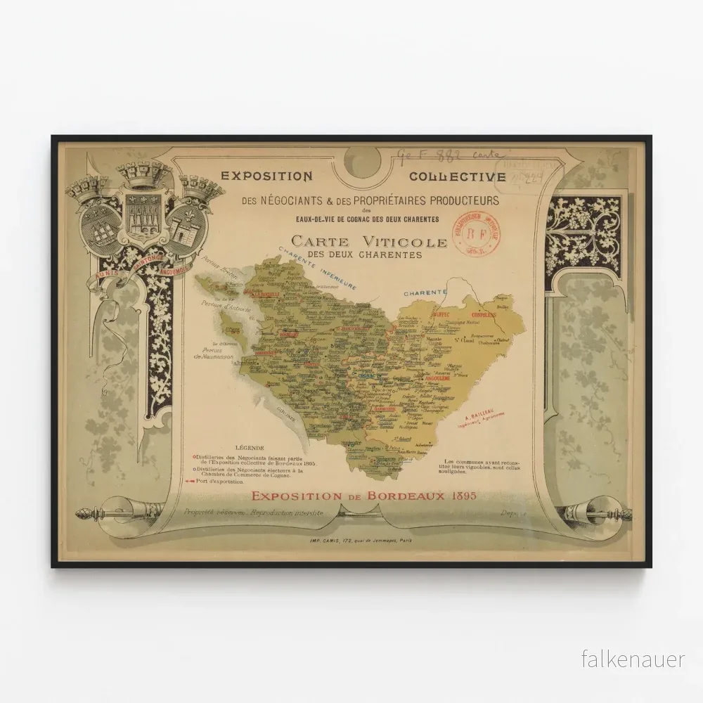 Posterkarta för vinregionen Cognac från de två Charentes - Samlingsutställning 1895