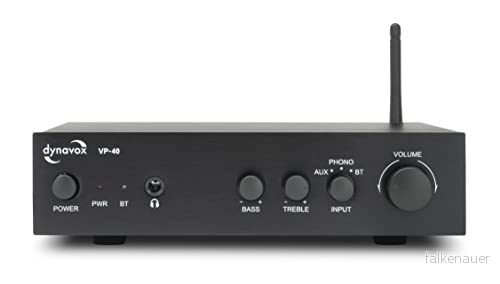 Dynavox VP 40 stereoförstärkare, kompakt Hi Fi förstärkare med phono ingång för skivspelare, BT streaming, bas och höjdkontroll, hörlursuttag, svart 4250019135774