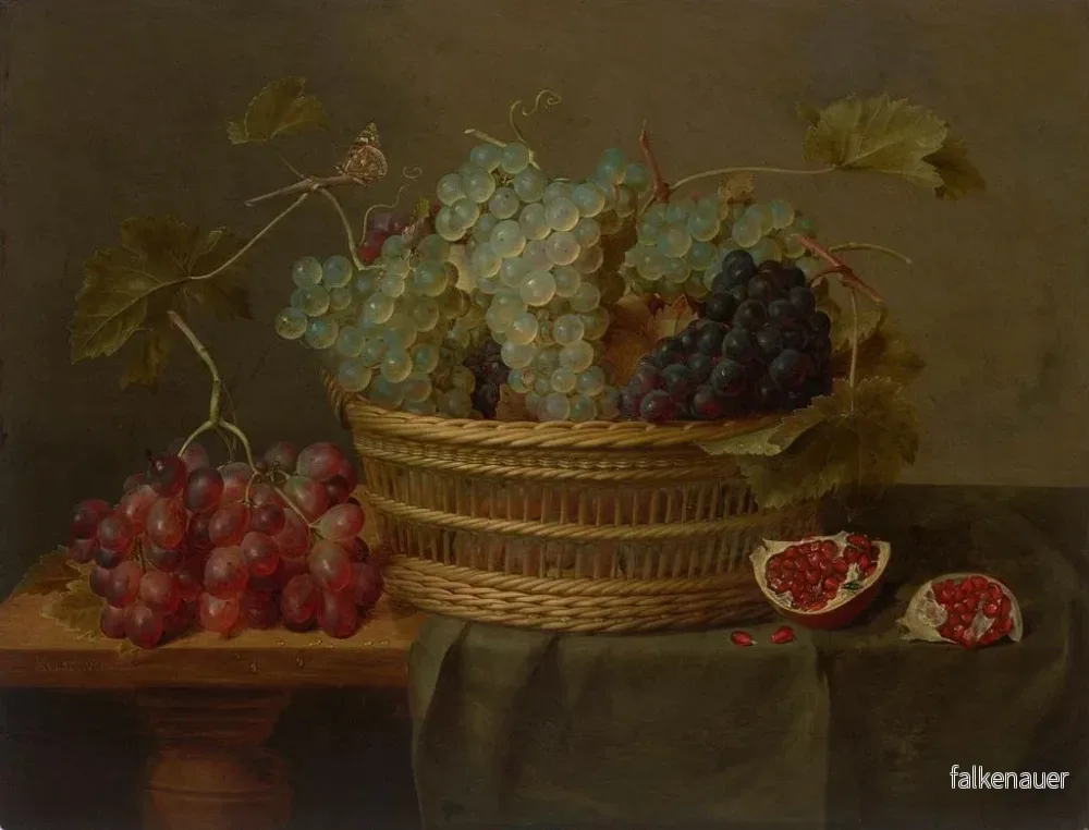 Målning En korg med druvor och en granatäpple på ett bord - Jacob van Hulsdonck | Konsttryck - Bild 2