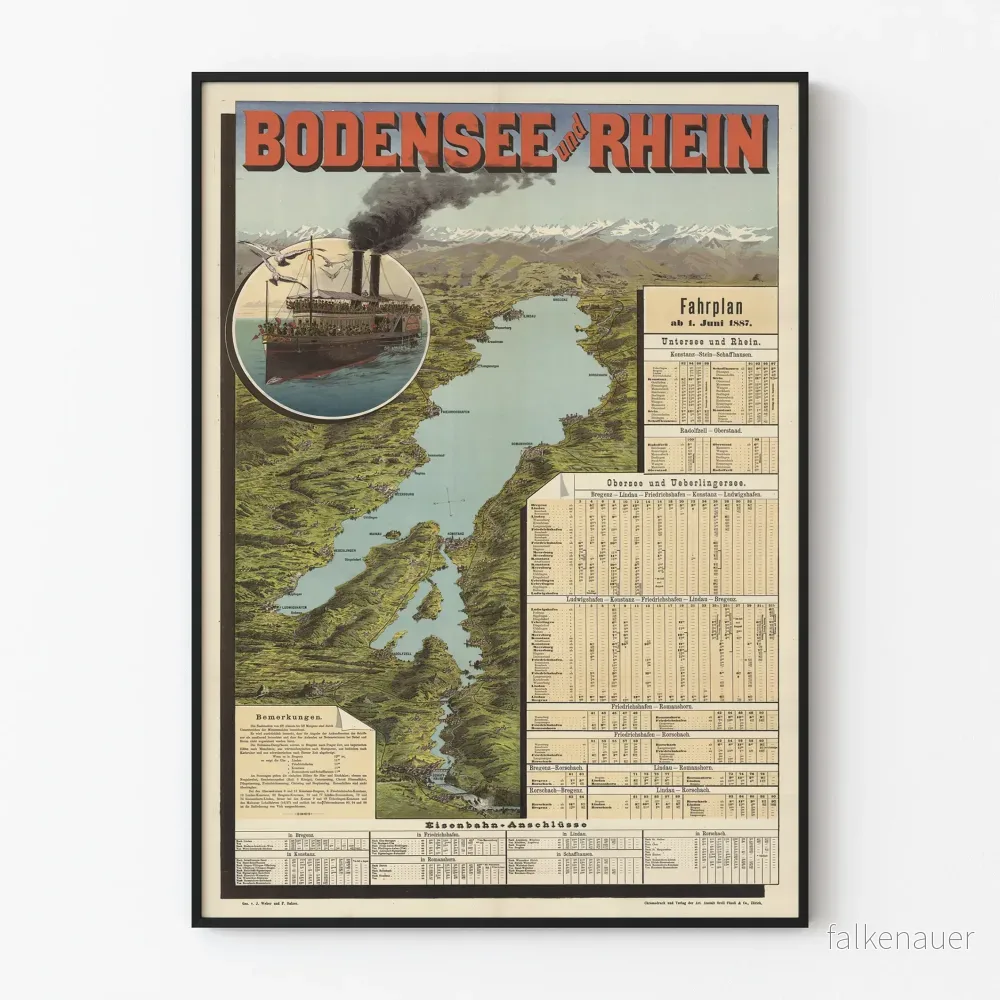 Vintageaffisch Bodensee och Rhen – Karta över överfartsturerna 1887