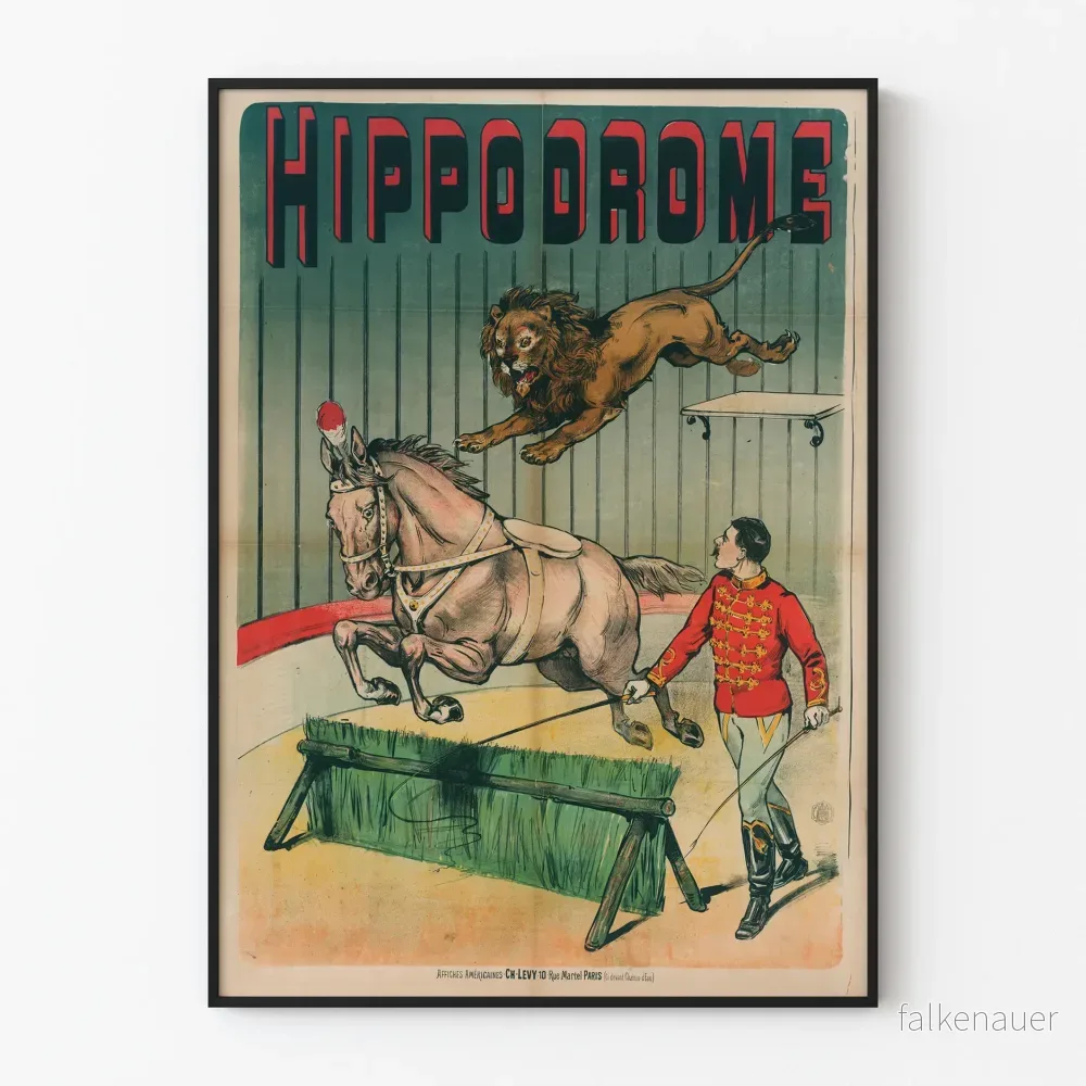 Vintageaffisch Hippodrom: Häst, Lejon och Tämjare