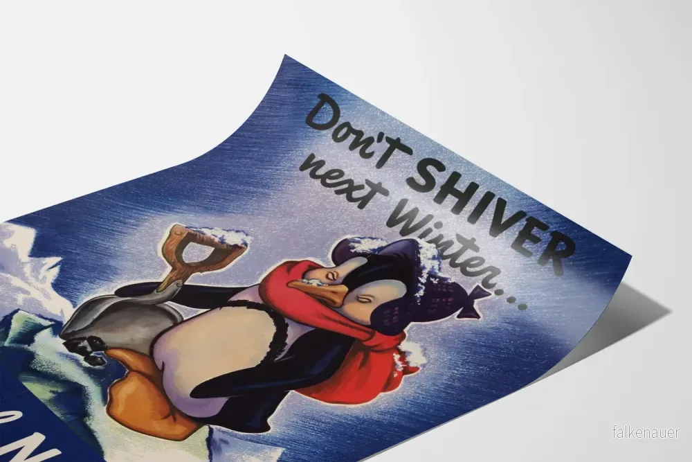 Vintage väggdekorposter "Don't Shiver Next Winter" med pingvin och kol - Bild 3