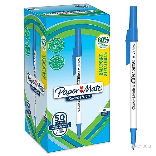 Paper Mate Kilometrico kulspetspennor Lång användningstid med mediumspets (1,0 mm) Blått bläck 80 % återvunnen plast 50 st. 3026981877025