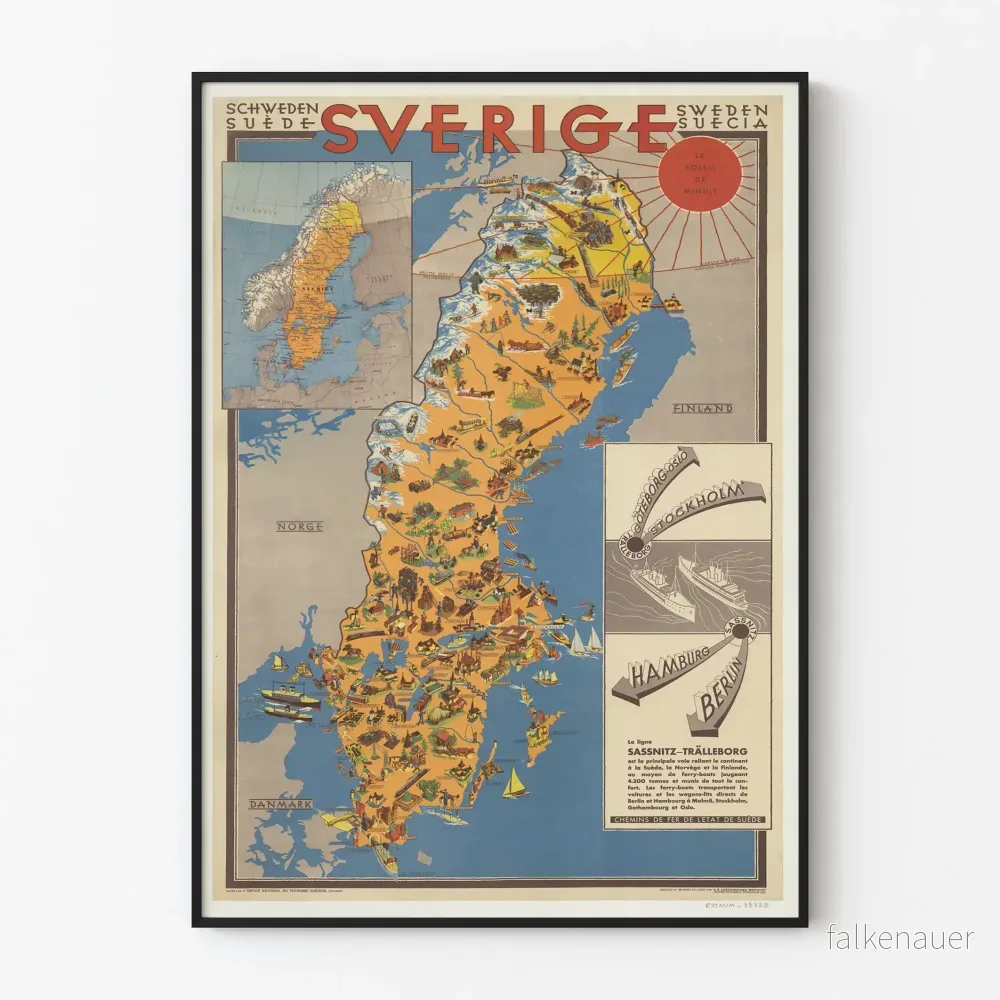 Poster med illustrerad karta över Sverige - Vintage väggdekoration
