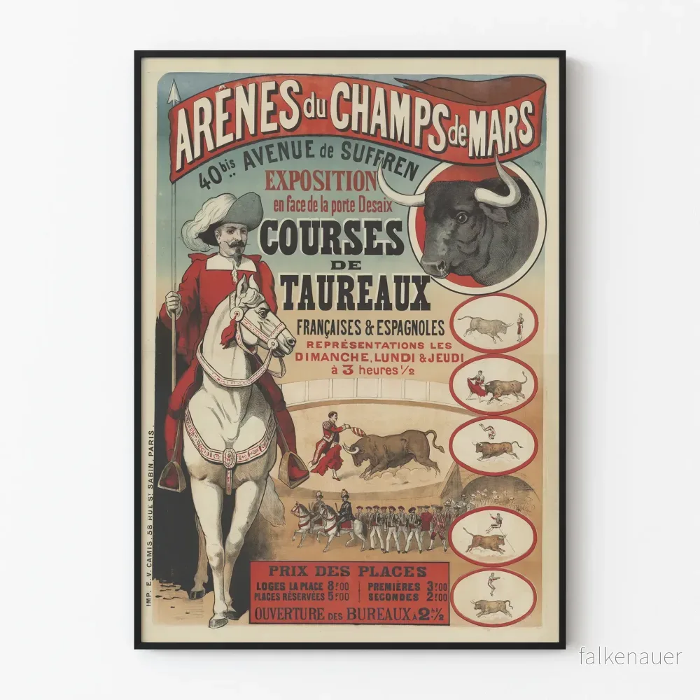 Vintageaffisch för tjurfäktningsmatcher på Arenorna vid Champs de Mars