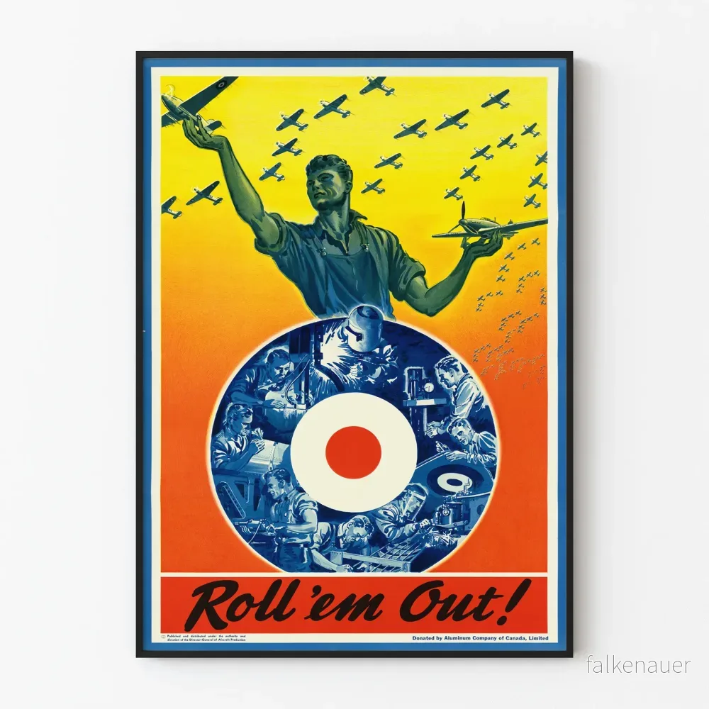 Vintageposter Roll'em Out - Retro väggdekoration med flygplan och industri