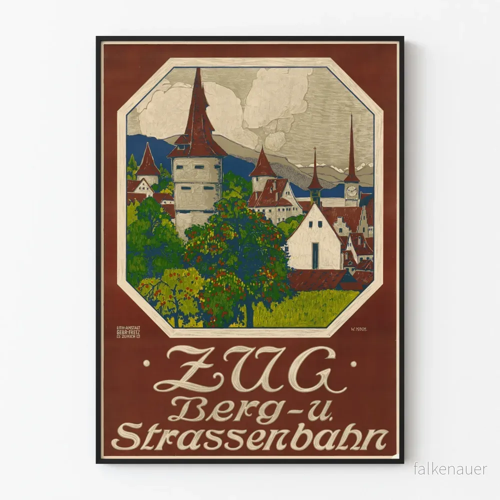 Vintageposter Zug Berg- och stadståg, schweiziska staden