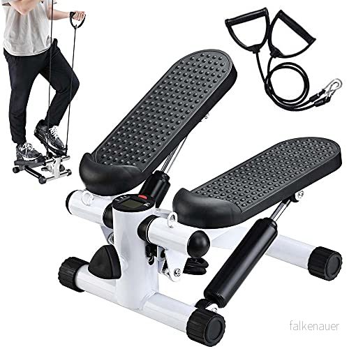 BAKAJI Stepper Fitness Cardio Ben Mage Höfter med LCD display Kaloritid och Elastiska Hantlar Träning Armaxlar Rostfritt Stålram Halkfria Pedaler (Vit) 8055205799626