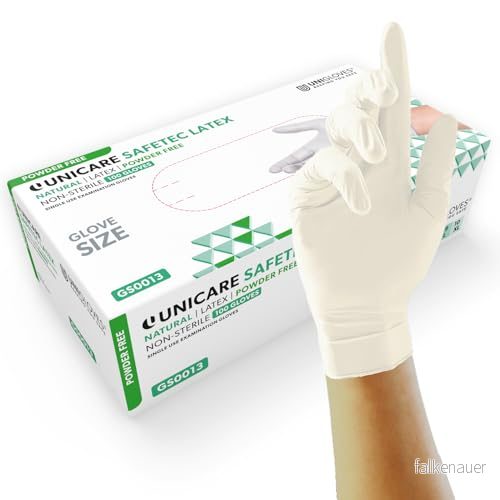 Unigloves Unicare Latex GS0012 undersökning mångsidiga, pulverfria engångshandskar, låda med 100 handskar, naturliga, liten 5060264112227