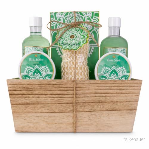 Accentra duschset kvinnor presentset ALOE VERA i en träkorg 6 delat vårdset med duschgel, bubbelbad, badsalt, bodylotion mera wellness för födelsedagar, alla hjärtans dag & jul 4015953666605