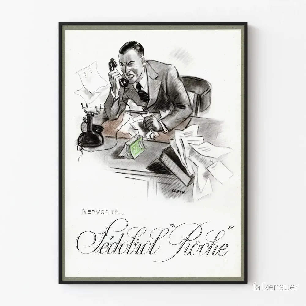 Vintageposter 'Nervosité Fédobrol Roche' teckning i blyertspenna
