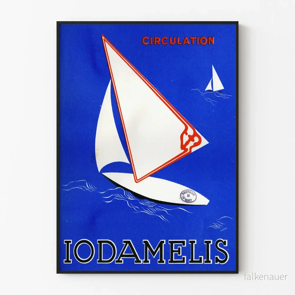 Vintageaffisch av Iodamelis blå segelbåt för nautisk väggdekoration
