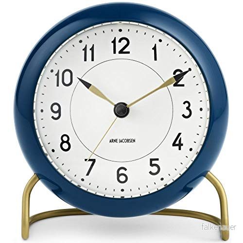 Arne Jacobsen bordsklocka Ø 11 cm station originaldesign snooze funktion, blå, mörkgrön 5709513436782