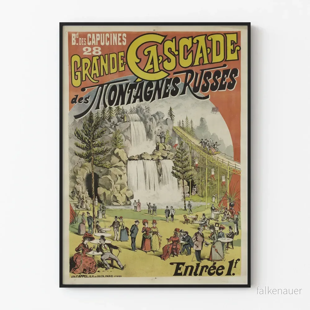 Vintageposter av Stora vattenfallet med berg- och dalbana på Boulevard des Capucines