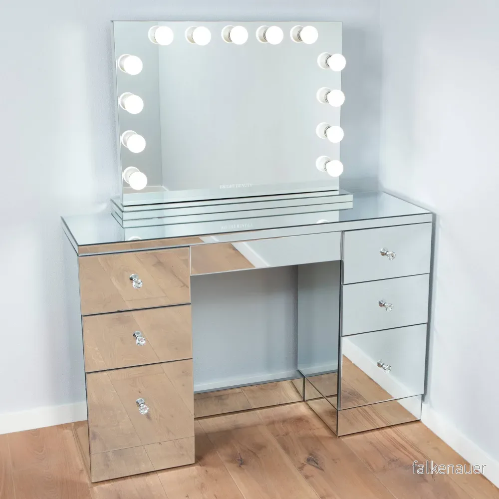 Mirrored Amira Bright Beauty Vanity Station Luxury Glass Stations Make Up Table With Mirror 7446037892820 Mirrored Amira Bright Beauty Vanity Station Luxury Glass Stations Make Up Table With Mirror 7446037892820