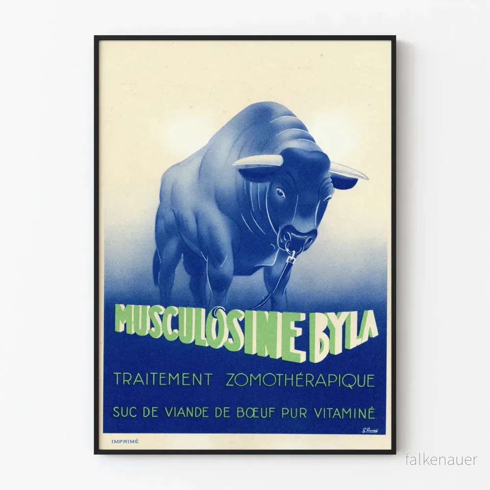 Vintageposter Musculosine Byla - Retro väggdekoration blå tjur