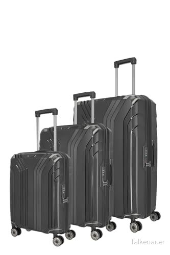 Travelite Resväska Set 3 delar hållbart hårt skal, storlekar SM L, ELVAA, skal med 4 hjul, återvunnet innerfoder, TSA lås, svart, Trolley L/M/S, hjul 4027002081291