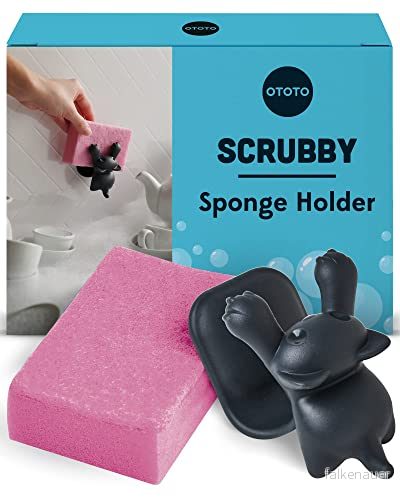 OTOTO Scrubby svamphållare för diskbänk grå katt kök diskmaskinssäker disksvamp organisatör rostfri 9,9 x 7,9 cm 7290015169387