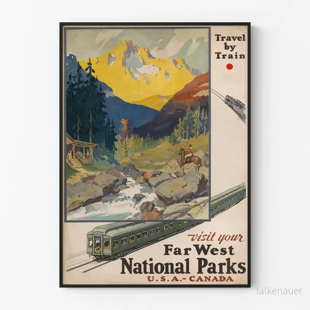 Vintageposter Far West Nationalparker med Tåg