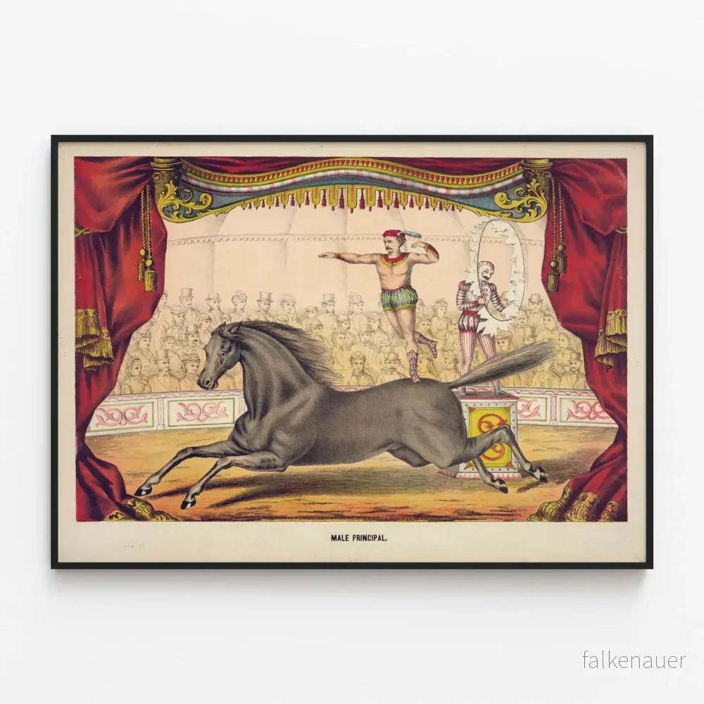 Vintage cirkusposter med artist och häst på scen
