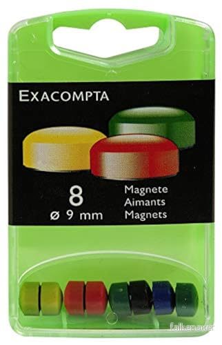 Exacompta Ref 11045E Låda med 8 F9 magneter Magnetisk kraft 120 grs Diameter 9 mm Lämplig för magnettavlor, jumble boards att visa foton 6 olika färger 3364220110459