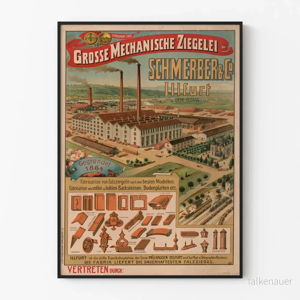 Vintageposter Stor mekanisk tegelbruk Schmerber & Co Illfurt Ober-Elsass