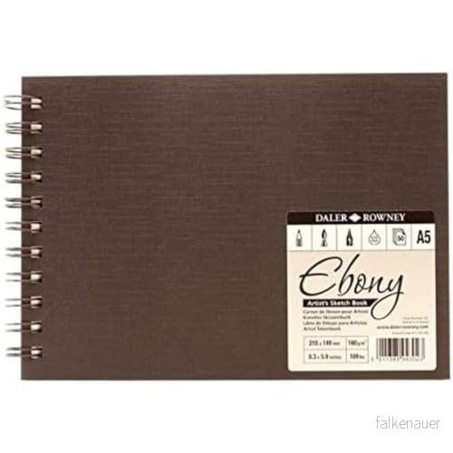 Daler Rowney Ebony 160 gsm A5 slätt landskap skissbok, spiralbunden, 54 naturliga vita ark, perfekt för professionella konstnärer och studenter 5011385943023