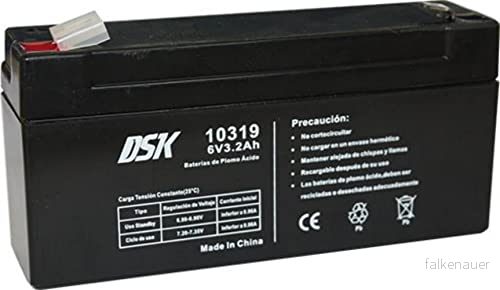 DSK 10319 förseglat uppladdningsbart AGM blybatteri 6 V med 3,2 Ah. Perfekt för bil och elmotorcyklar barn, skotrar, UV system, säkerhets kommunikationssystem .. 8420738103194