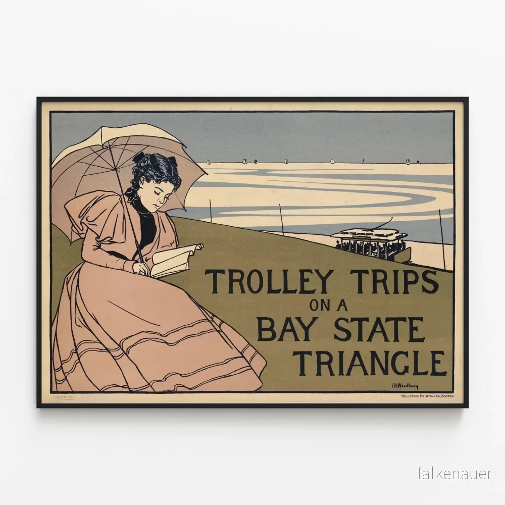 Vintageposter Trolley Trips på en triangel i Bay State