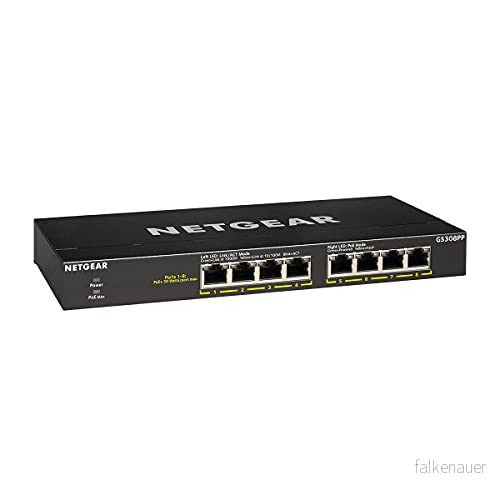NETGEAR GS308PP 8 port Gigabit Ethernet oövervakad PoE+ omkopplare med x PoE+, skrivbord/rackmontering/väggfäste, robust metall, 83 W 606449146851