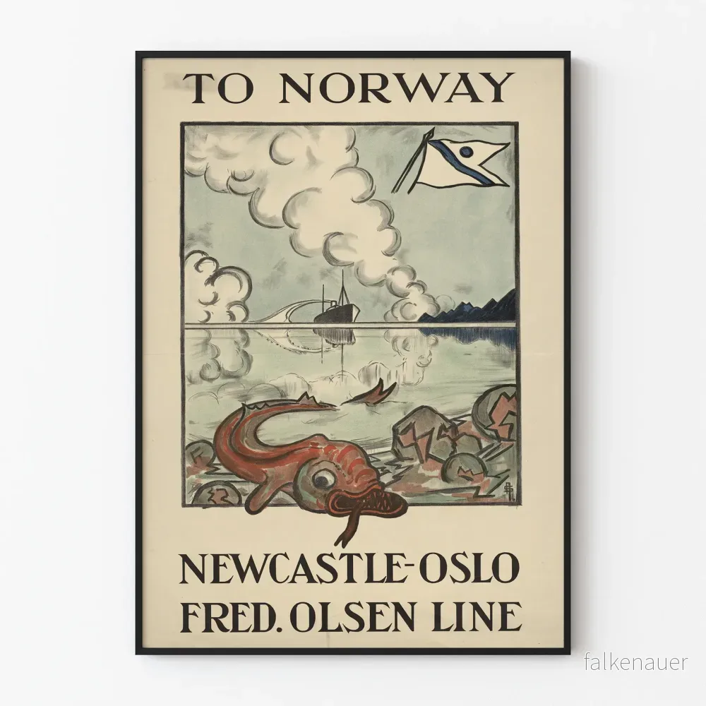 Vintageposter för kryssning Newcastle-Oslo Fred. Olsen Line