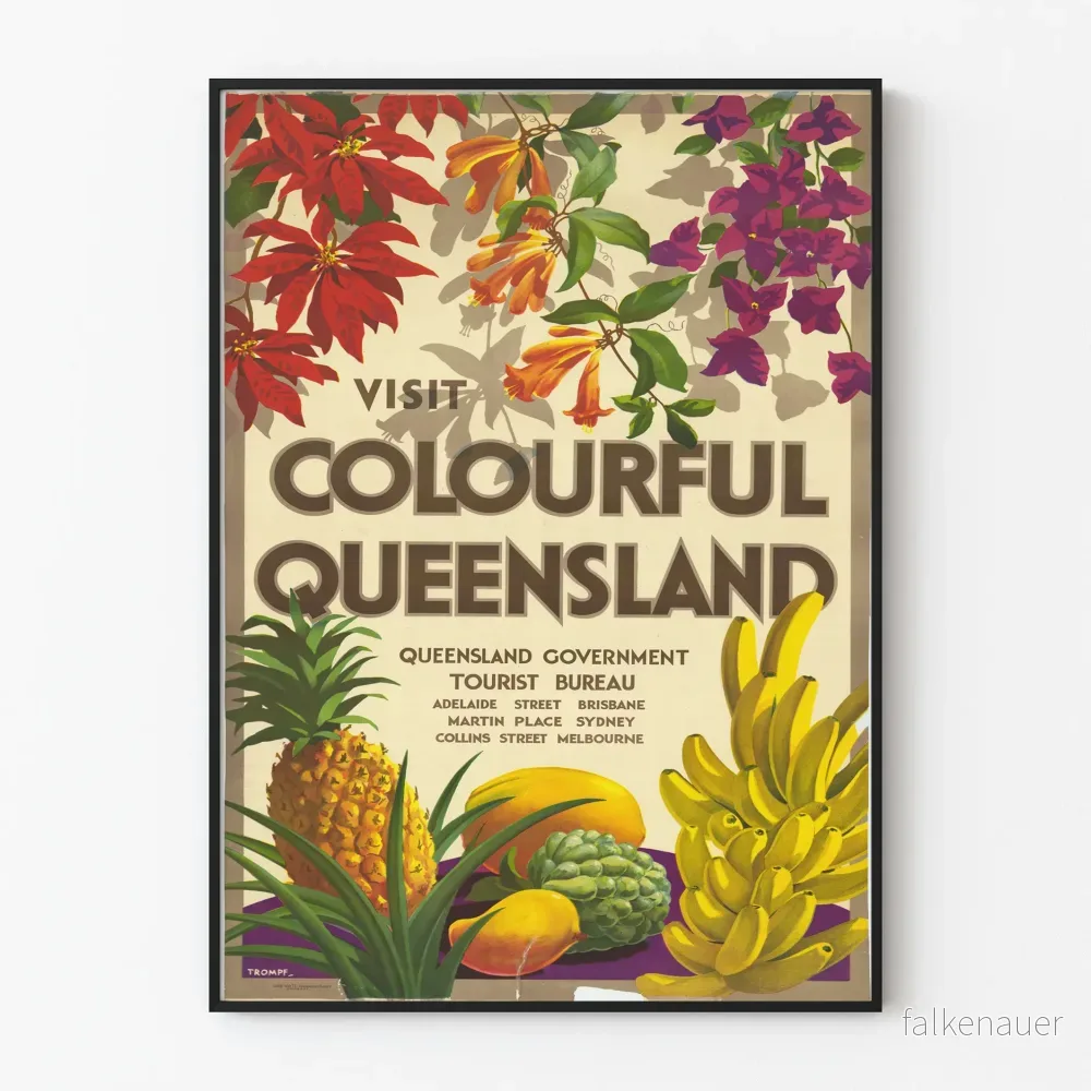 Vintageposter Visit Colourful Queensland – Fruktig och blomstrande väggdekoration Vintageposter Visit Colourful Queensland – Fruktig och blomstrande väggdekoration