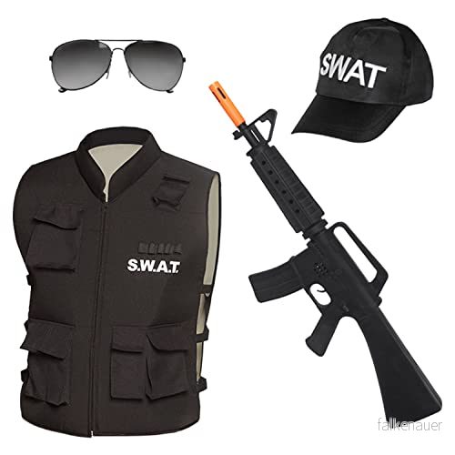 Boland SWAT set för vuxna, svart vit, gevär attrappe, väst, mössa och glasögon, vapen, jacka, basecap, solglasögon, kostym, karneval, temafest 4058411702569