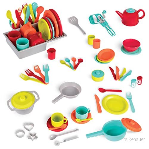 Battat Deluxe köksset, barnkök, tillbehör, porslin set och kastrullset, tallrikar, koppar, bestick barnköksredskap för lekkök leksak, kökstillbehör, lekservis från 2 år (71 delar) 62243474925