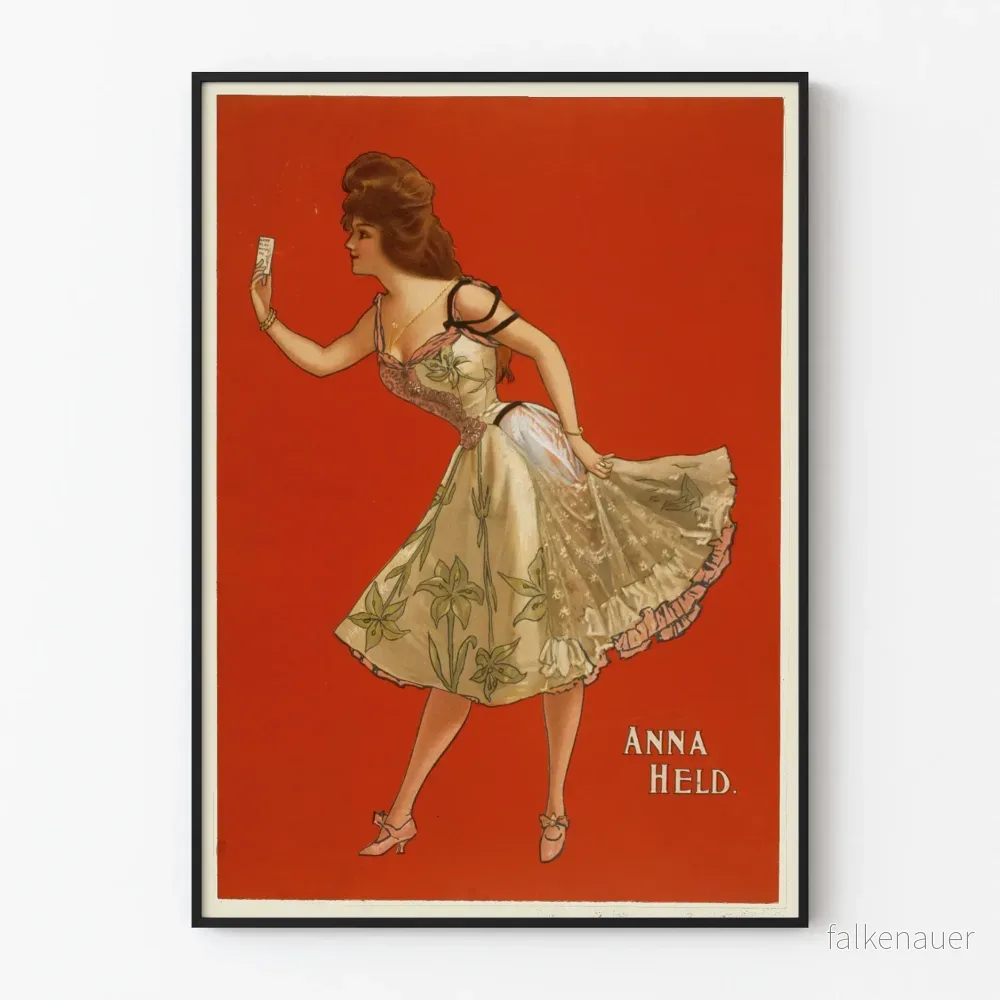 Vintageposter av Anna Held i blomsterklänning på röd bakgrund