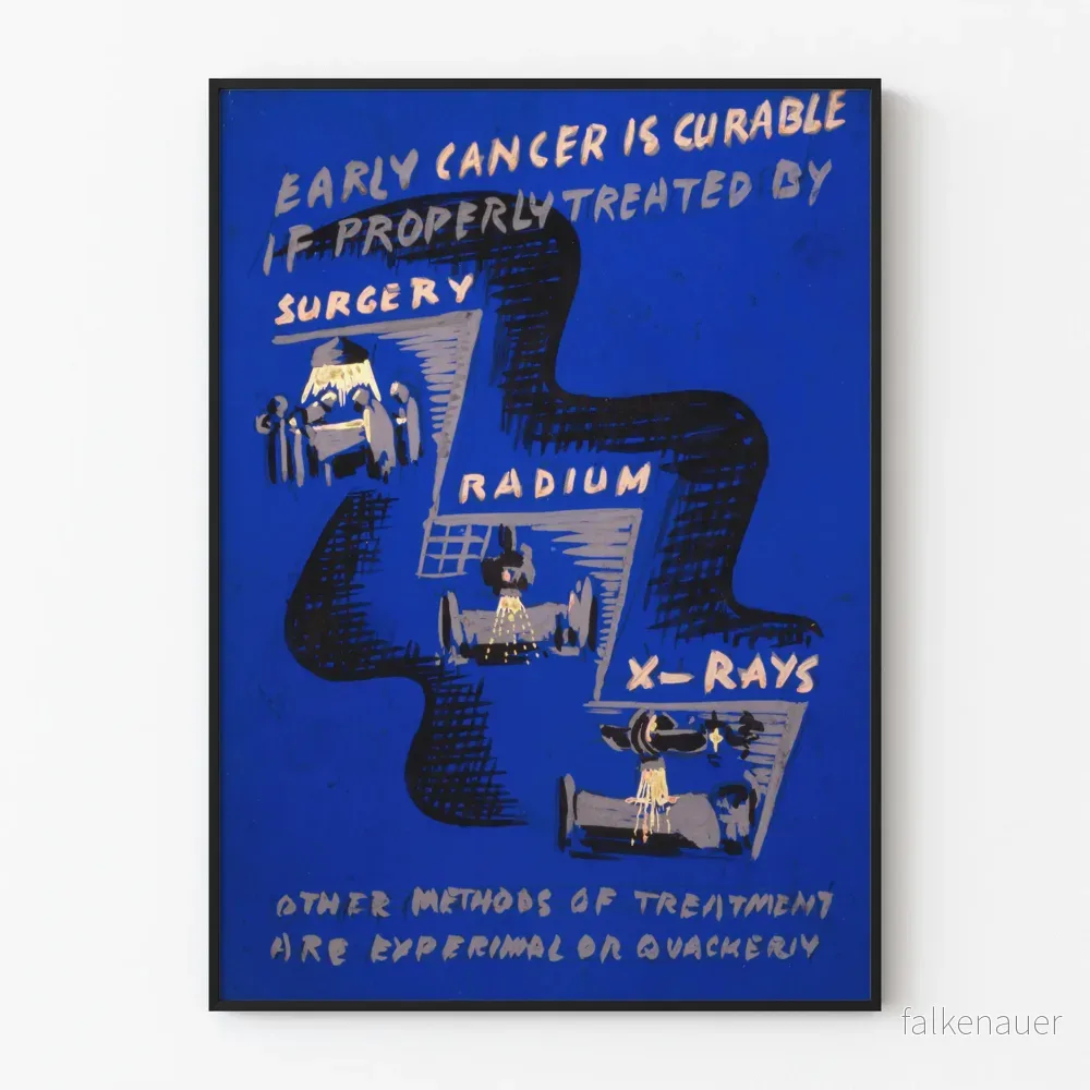 Vintageposter om tidig behandling av cancer med kirurgi och strålbehandling