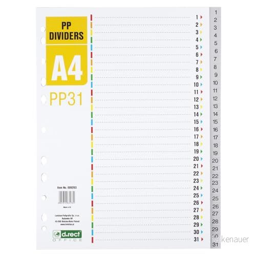 D.RECT register för A4, PP31, 31 skiljeblad, ringboksregister, flikar med nummertryck 131, grå, färgavskiljare av PP, polypropen 5907814634764