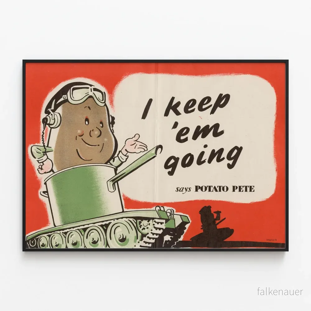 Vintageposter med Potato Pete i tank – humoristisk väggdekoration Vintageposter med Potato Pete i tank – humoristisk väggdekoration