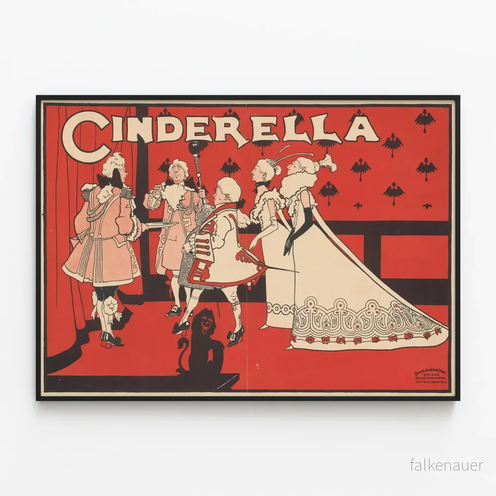 Vintageposter med askungen som dekorativt motiv i rött och svart Vintageposter med askungen som dekorativt motiv i rött och svart
