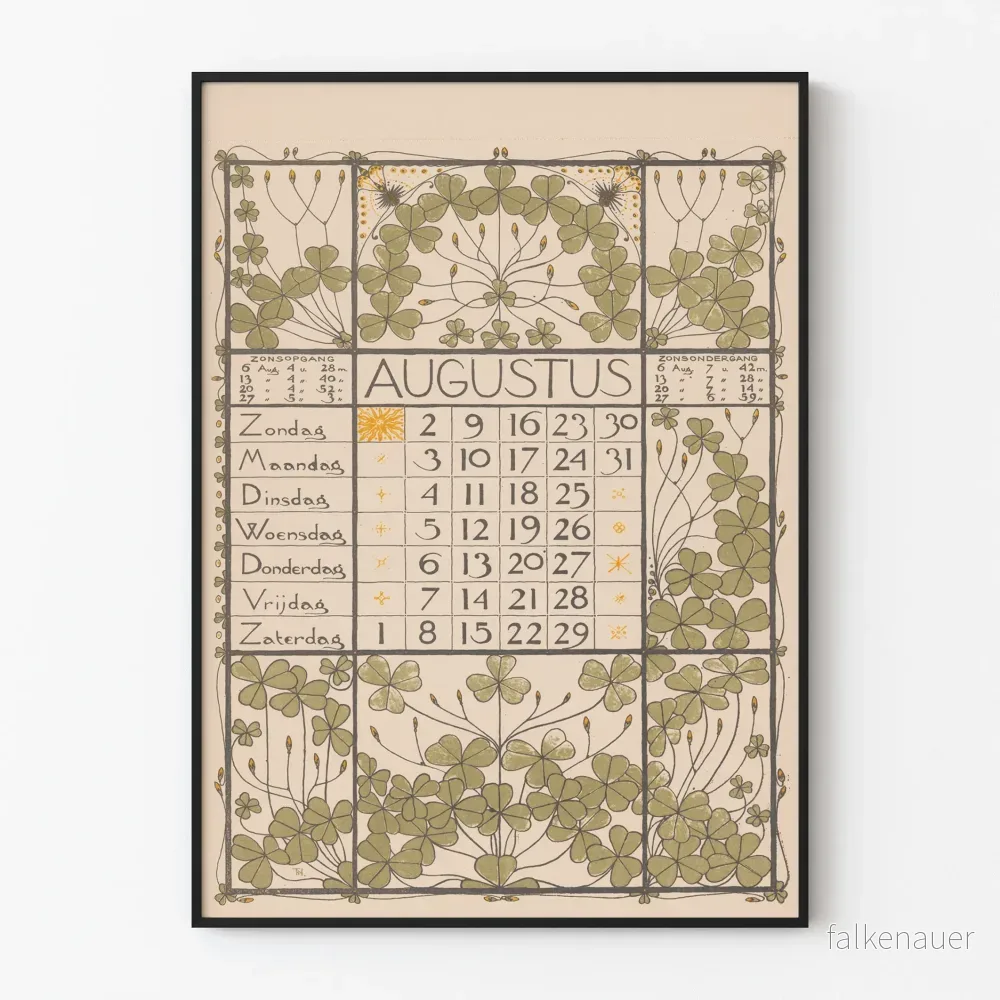 Affisch Kalender augusti 1896 i Art Nouveau-stil Affisch Kalender augusti 1896 i Art Nouveau-stil