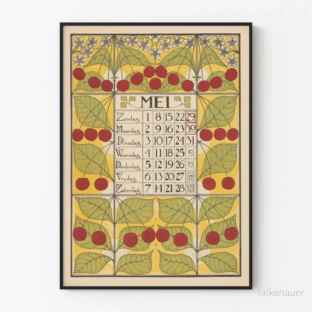 Dekorativt kalenderposter maj 1898 med körsbär och blad