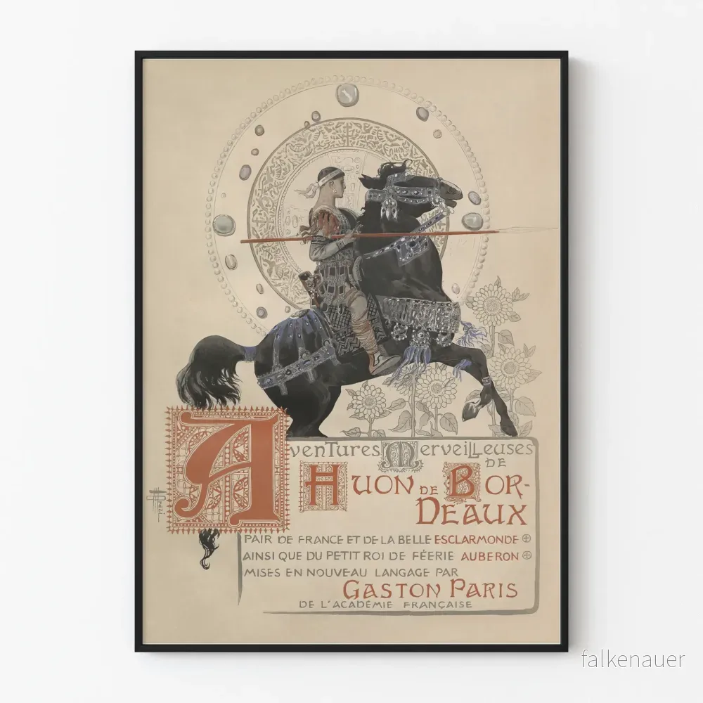 Vintage dekorativ poster av Huon de Bordeaux till häst