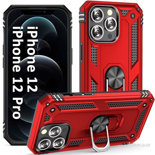 ADDIT Telefonfodral för iPhone 12/iPhone 12 Pro, militärklassat skyddande Pro fodral med ring bilfäste stativ 6,1 tum röd 717351082585